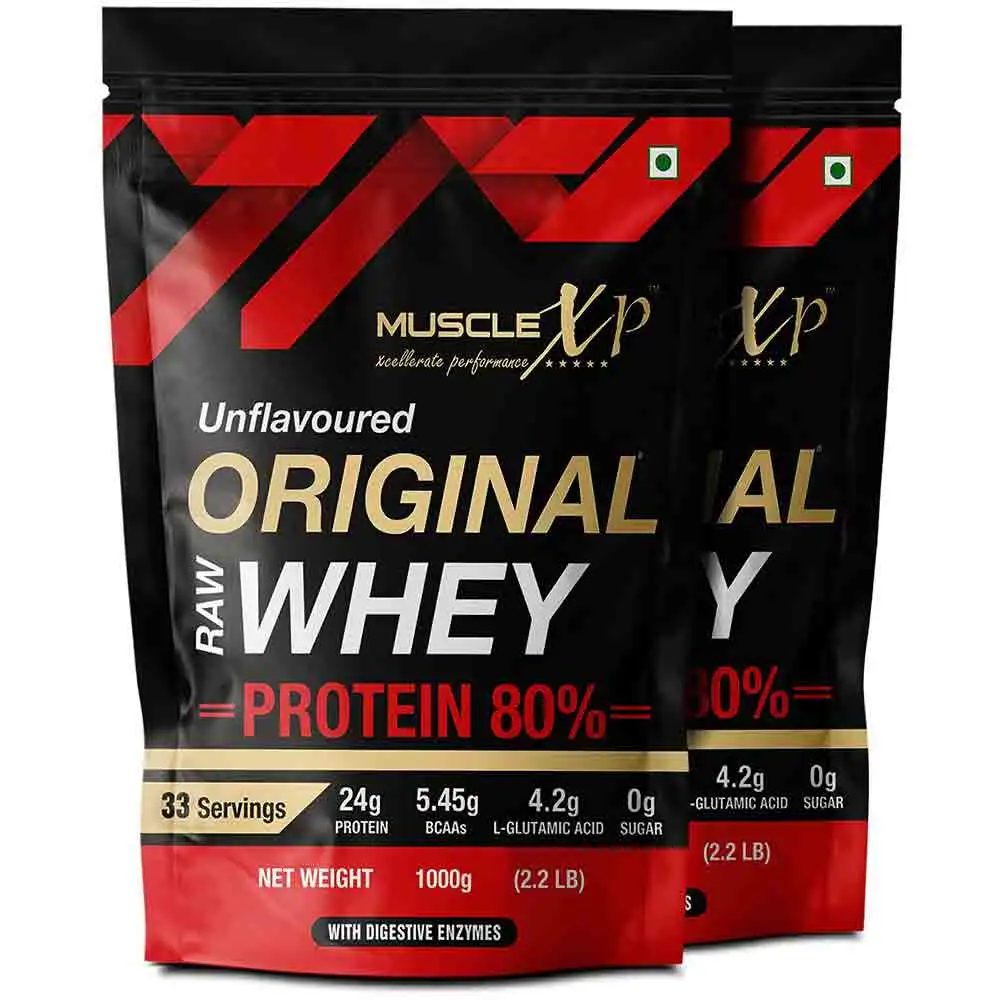 MuscleXP Original Raw Whey Protein with Digestive Enzymes,  2.2 lb  Unflavoured Pack of 2