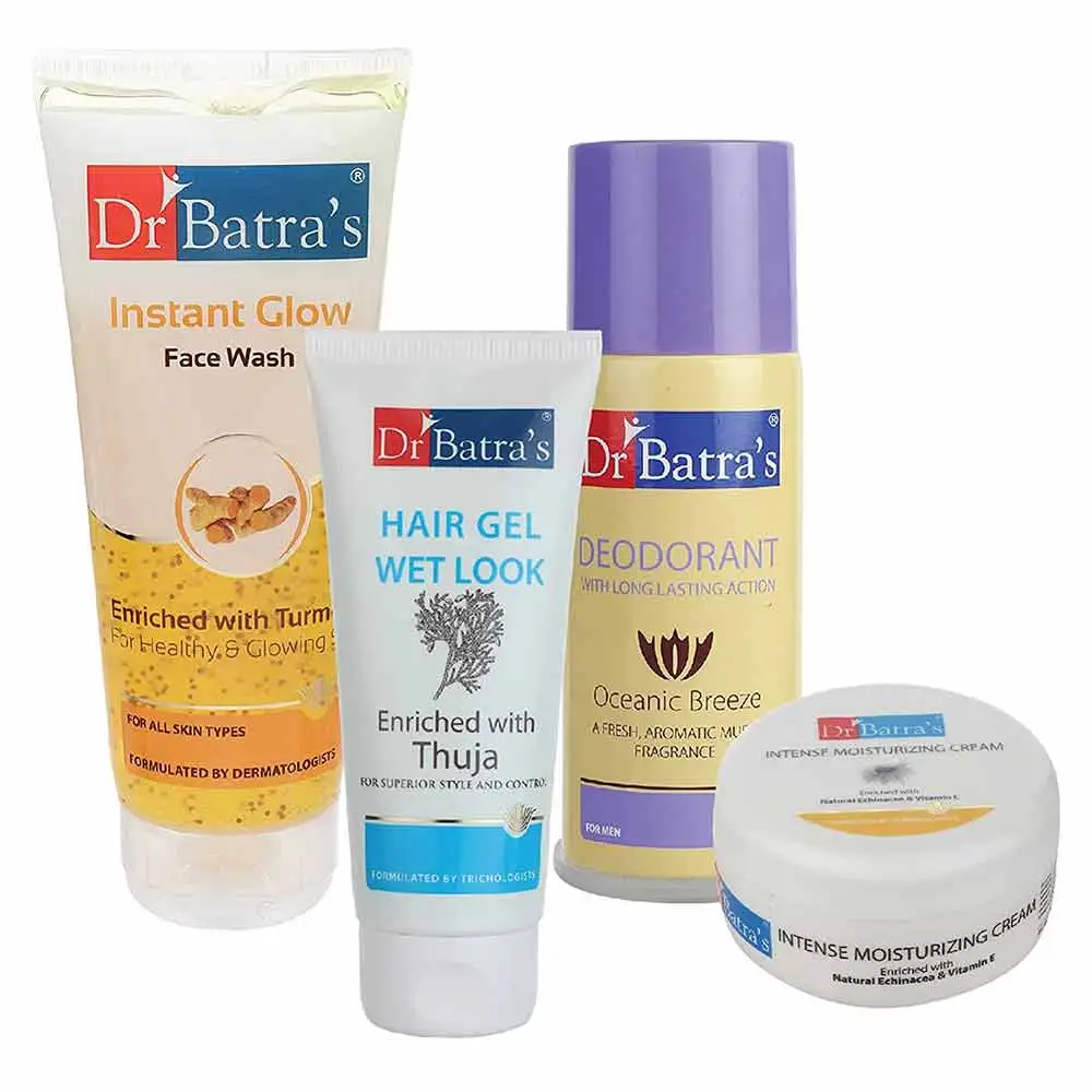 Dr Batra's Hair Gel, Instant Glow Face Wash, Deo Oceanic Breeze & Intense Moisturizing Cream Combo,  4 Piece(s)/Pack  for All Skin Types