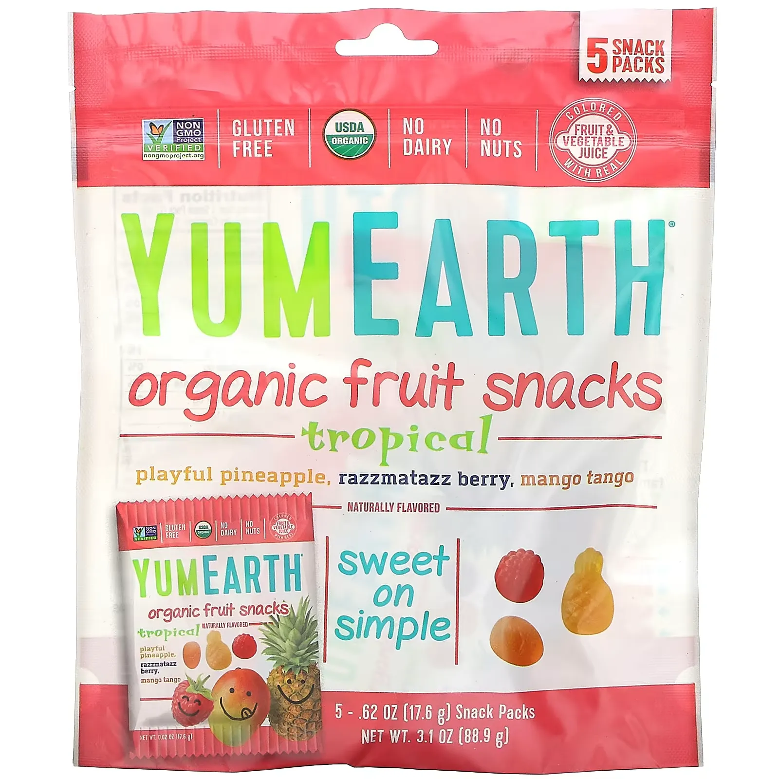 Organic Fruit Snacks, Tropical, 5 Packs, 0.62 oz (17.6 g) Each