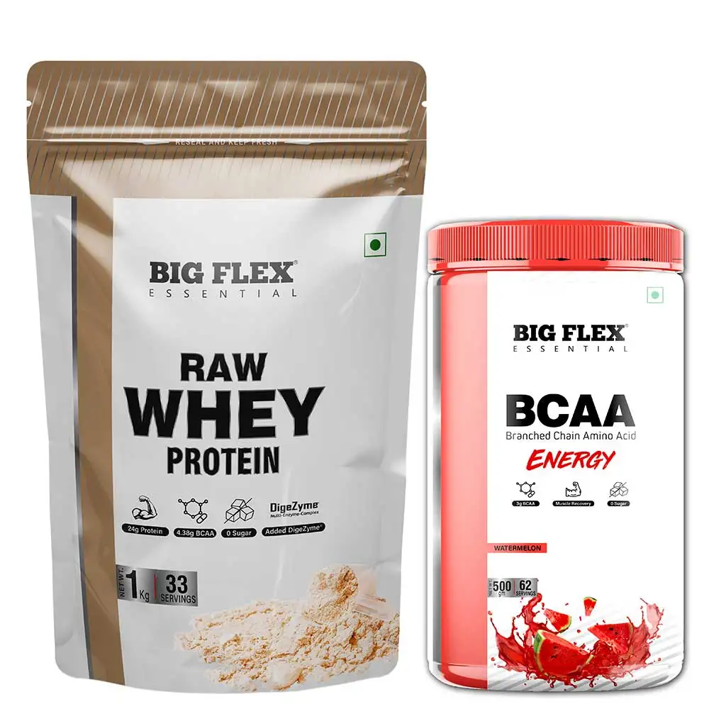 Big Flex Essential Raw Whey Protein,  2.2 lb  Unflavoured With Bigflex Essential Bcaa Energy Watermelon 500g