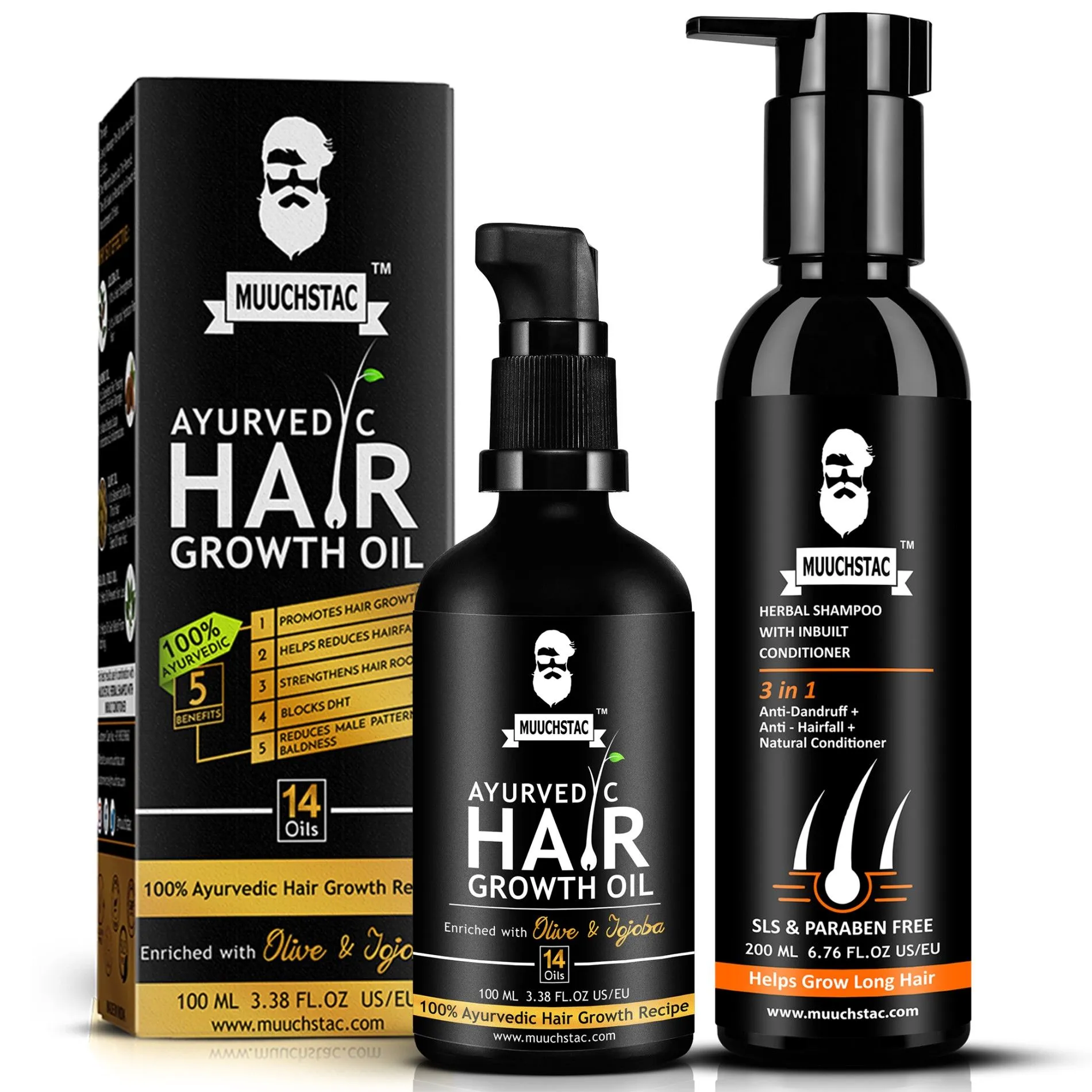 Muuchstac Hair Care Kit - Ayurvedic Hair Growth Oil With Herbal Shampoo