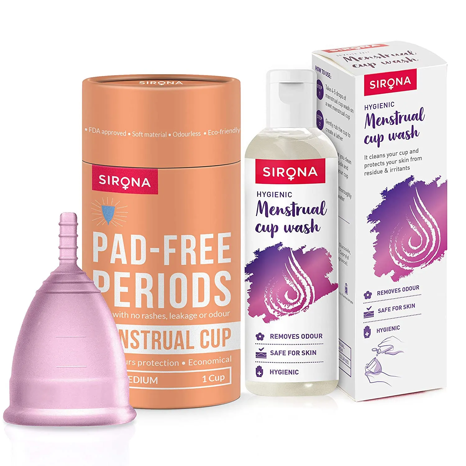 Sirona Reusable Menstrual Cup (Medium) and Sirona Menstrual Wash Combo