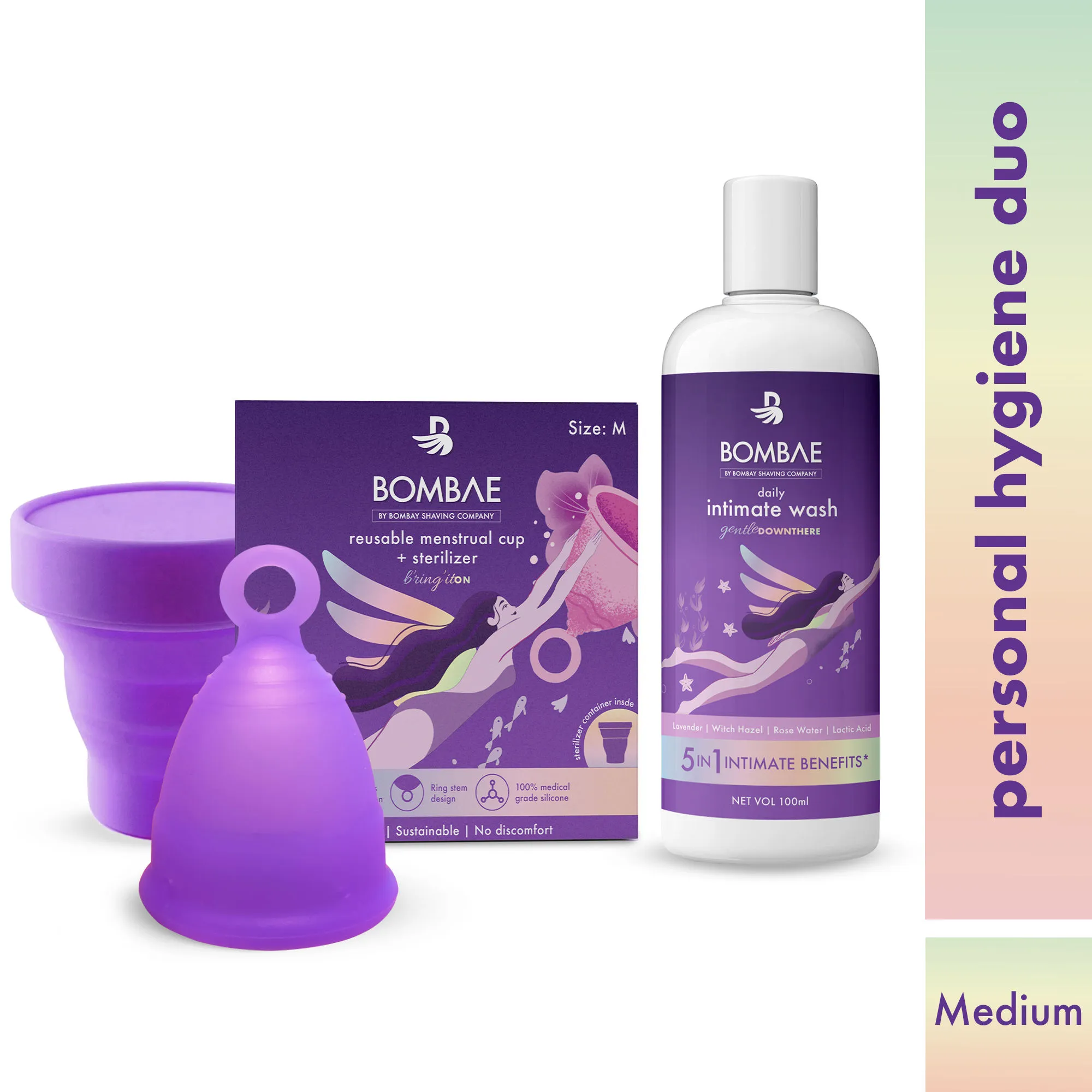 Bombae Reusable Menstrual Cup (Large) With Sterilizer & Daily Intimate Wash Combo