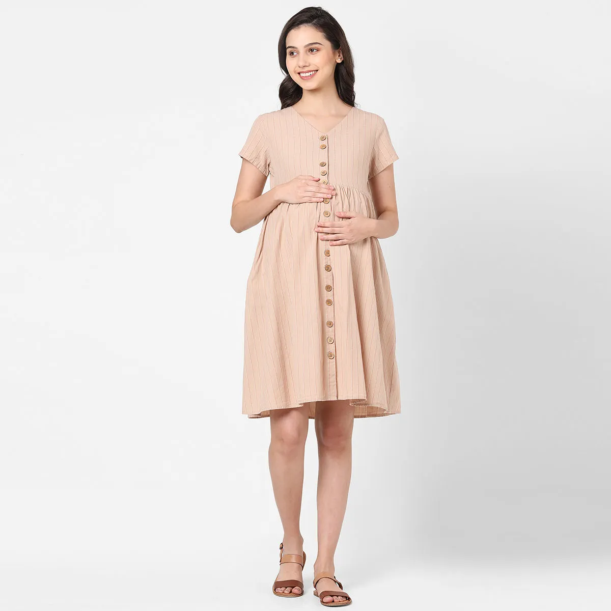 Mystere Paris Striped Maternity Dress - Beige