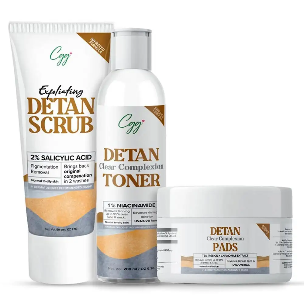 CGG Cosmetics Detan Scrub, Detan Clear Complexion Toner & Detan Clear Complexion Pads Combo,  3 Piece(s)/Pack  Normal to Oily Skin