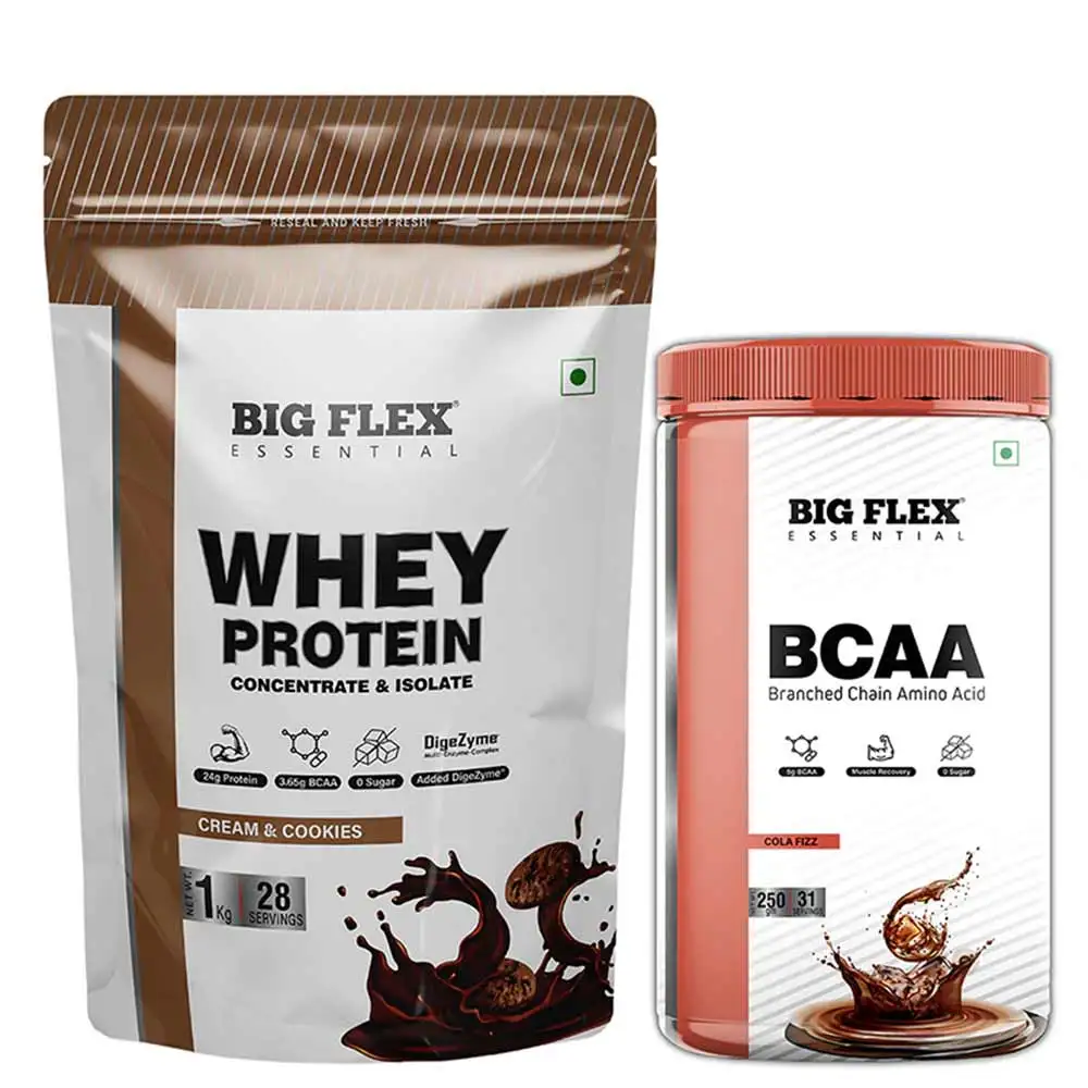 Big Flex Essential Whey Protein Concentrate & Isolate,  2.2 lb  Cream & Cookies with Bigflex Essential Bcaa Cola Fizz 250g