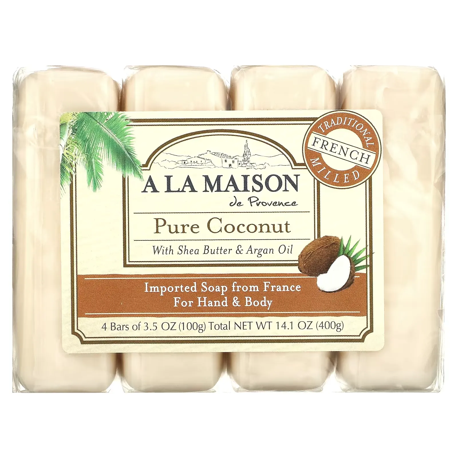 Hand & Body Bar Soap, Pure Coconut, 4 Bars, 3.5 oz (100 g) Each