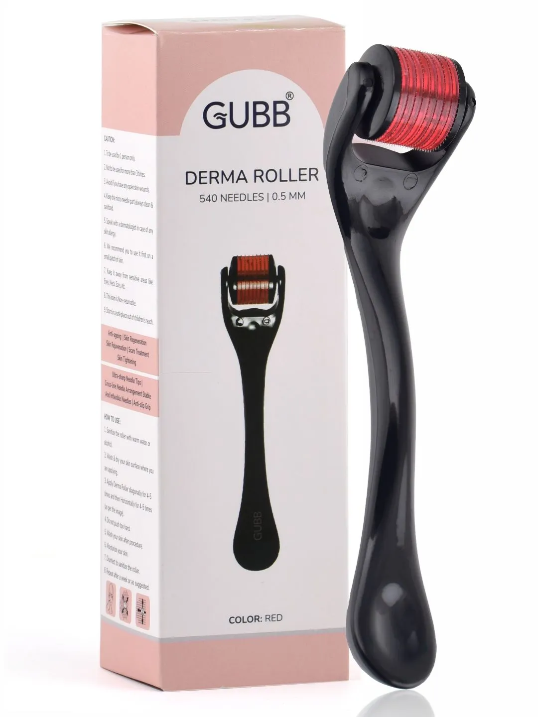 GUBB Derma Roller Microneedle 0.5 Roller for Face Body,Hair Growth, 540 Micro Needles Roller Red