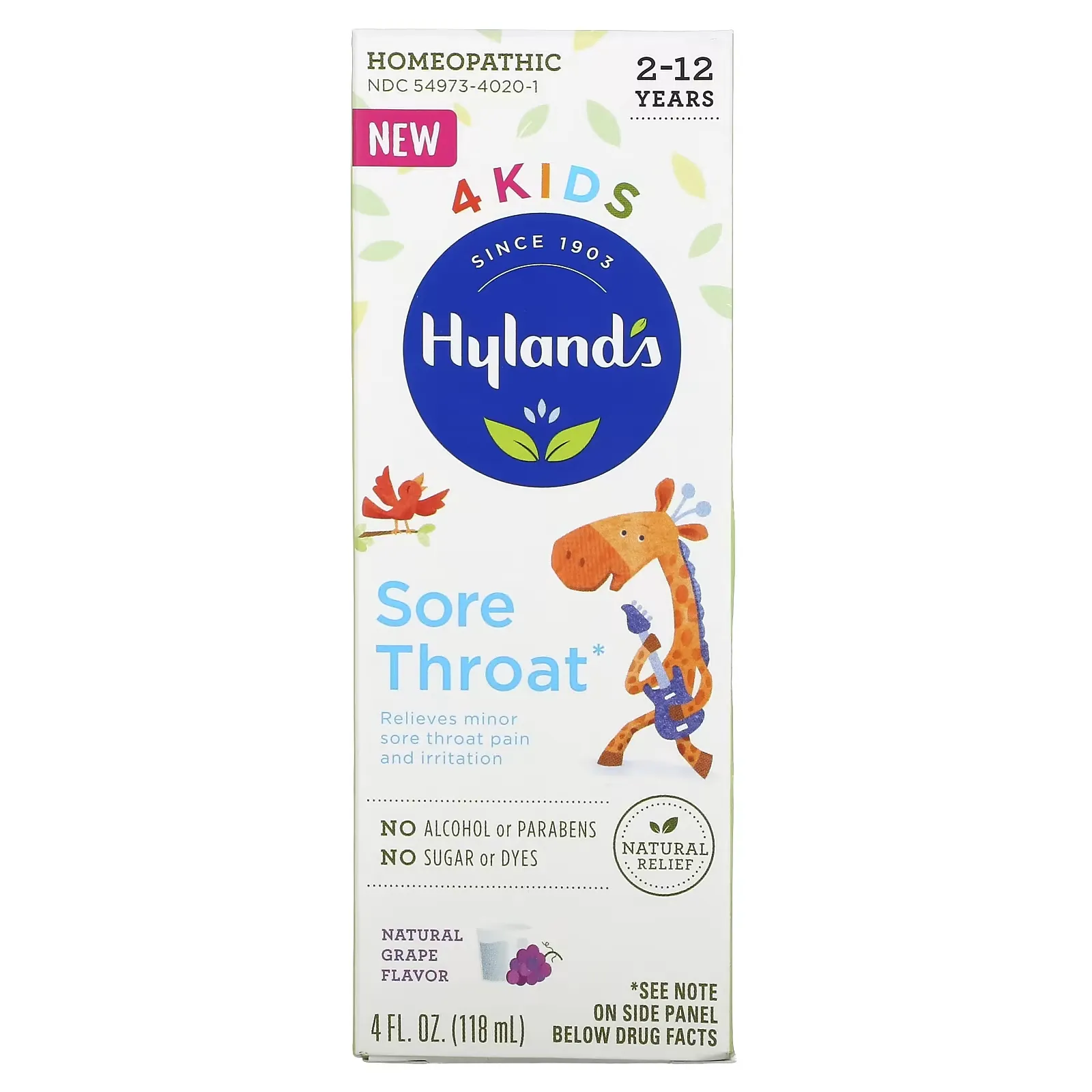 4 Kids, Sore Throat, 2-12 Years, Natural Grape , 4 fl oz (118 ml)