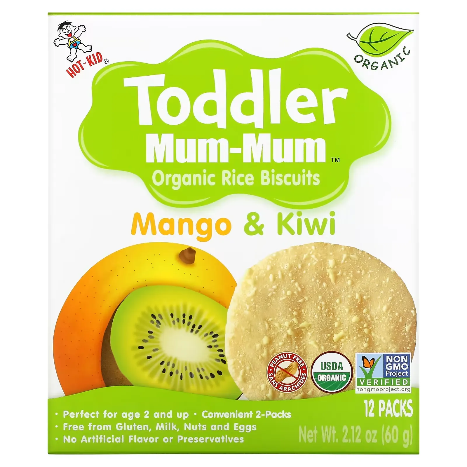 Toddler Mum-Mum, Organic Rice Biscuits, Age 2 and Up, Mango & Kiwi, 12 Packs, 2 Biscuits Each