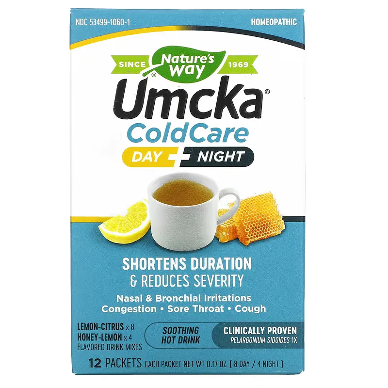 Umcka, Cold Care, Day + Night, Soothing Hot Drink, Lemon-Citrus, Honey-Lemon, 12 Packets, 0.17 oz Each,  (8 Day / 4 Night)