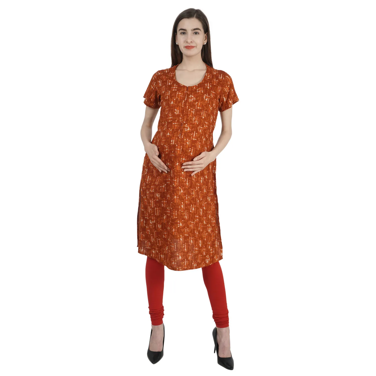 Morph Maternity Trendy Printed Feeding Kurti - Orange