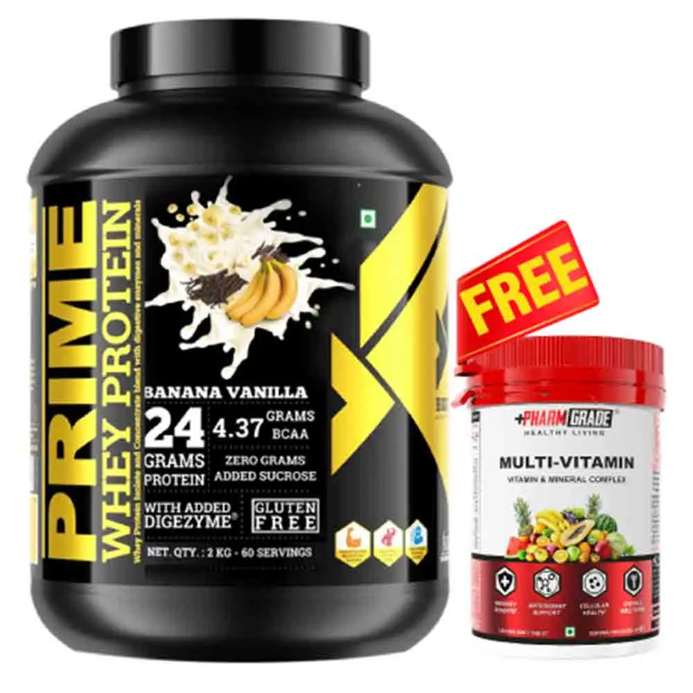 Big Flex Prime Whey Protein,  4.4 lb  Banana Vanilla + Pharmgrade Healthy Living Multivitamin 60 Tabs Free