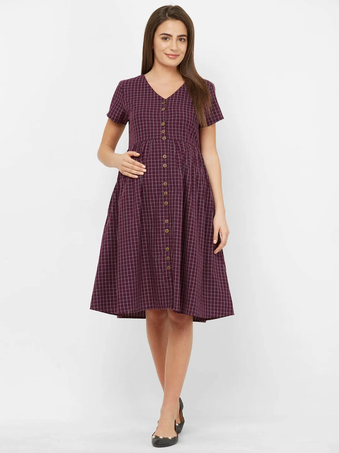 Mystere Paris Classic Checked Maternity Dress - Maroon