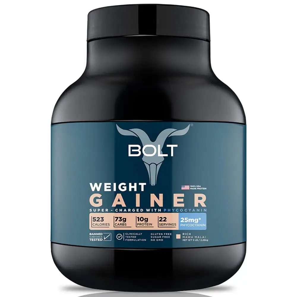 Bolt Weight Gainer Super-Charged with Phycocyanin,  5 lb  Mawa Malai with Free Shaker