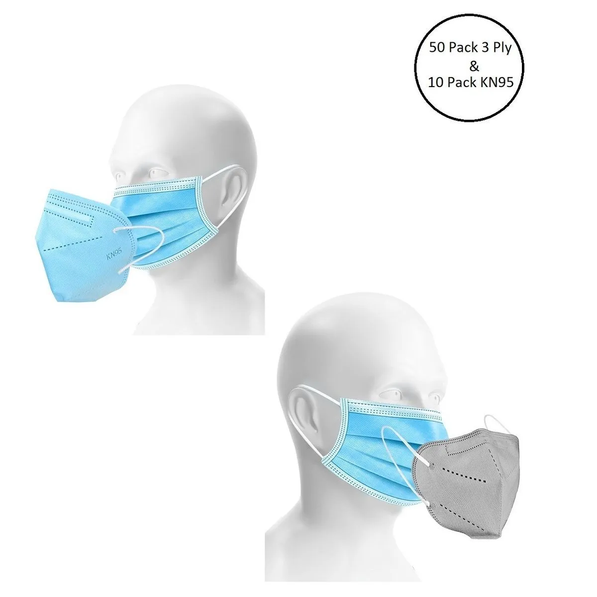 OOMPH Unisex Double Mask Set Of 50 Disposable & 10 KN95 / N95 Masks (Blue, Grey )