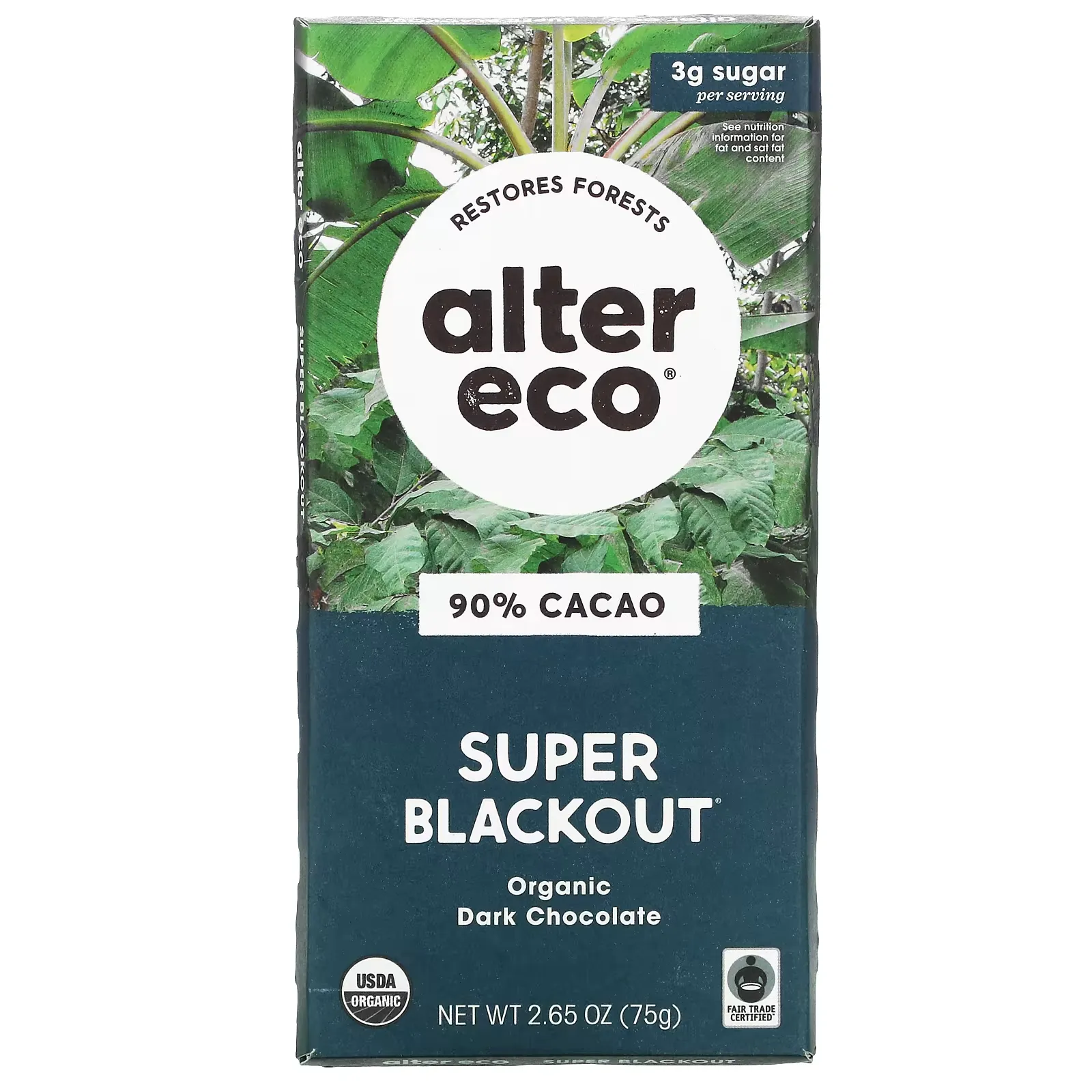 Organic Dark Chocolate Bar, Super Blackout, 90% Cacao, 2.65 oz (75 g)