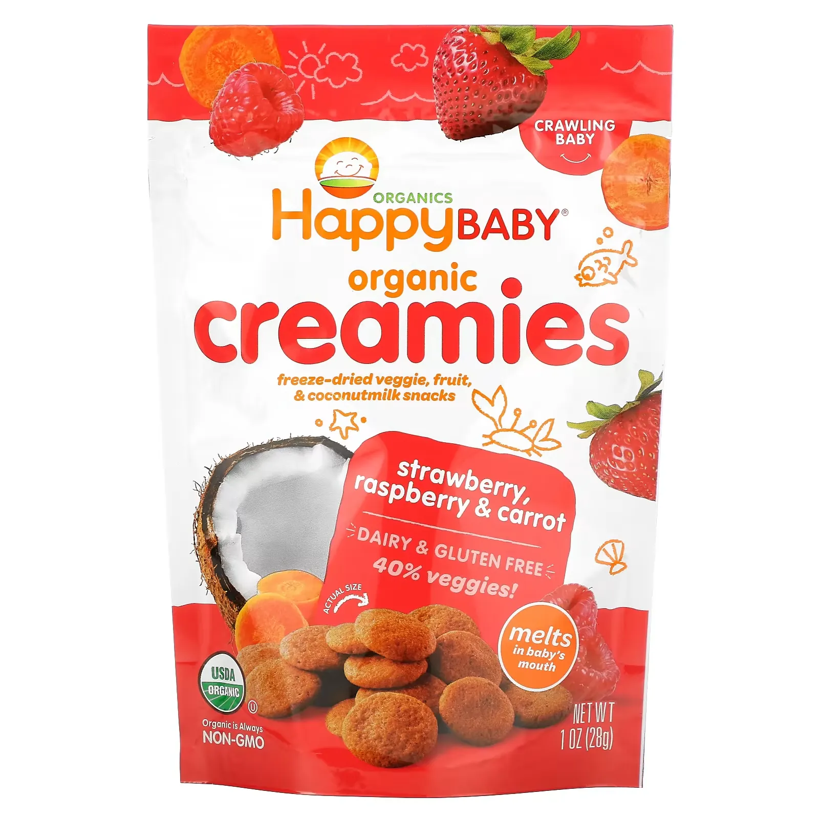 Creamies, Freeze-Dried Veggie, Fruit & Coconut Milk Snacks, Strawberry, Raspberry & Carrot, 1 oz (28 g)