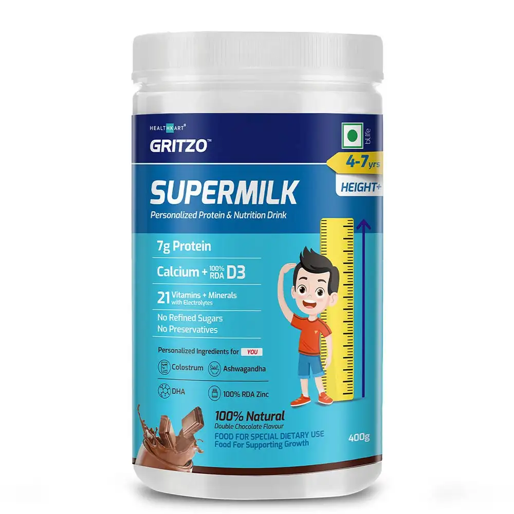 Gritzo SuperMilk Personalized Protein & Nutrition Drink Mix 4-7 yrs Boys Height+,  400 g  Double Chocolate