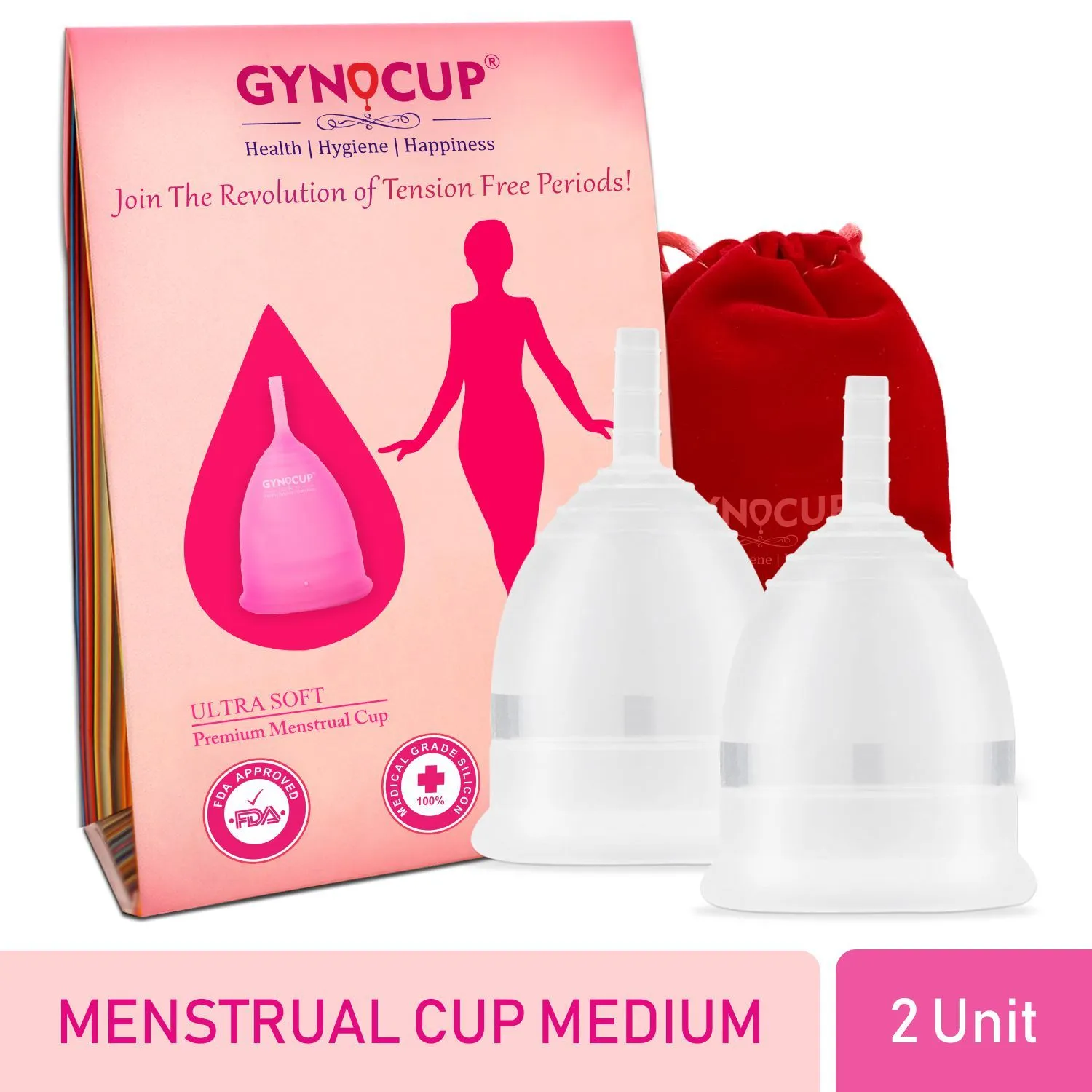 GynoCup Premium Menstrual Cup For Women, Fda Approved Transparent Medium Size Pack Of 2 (Combo)