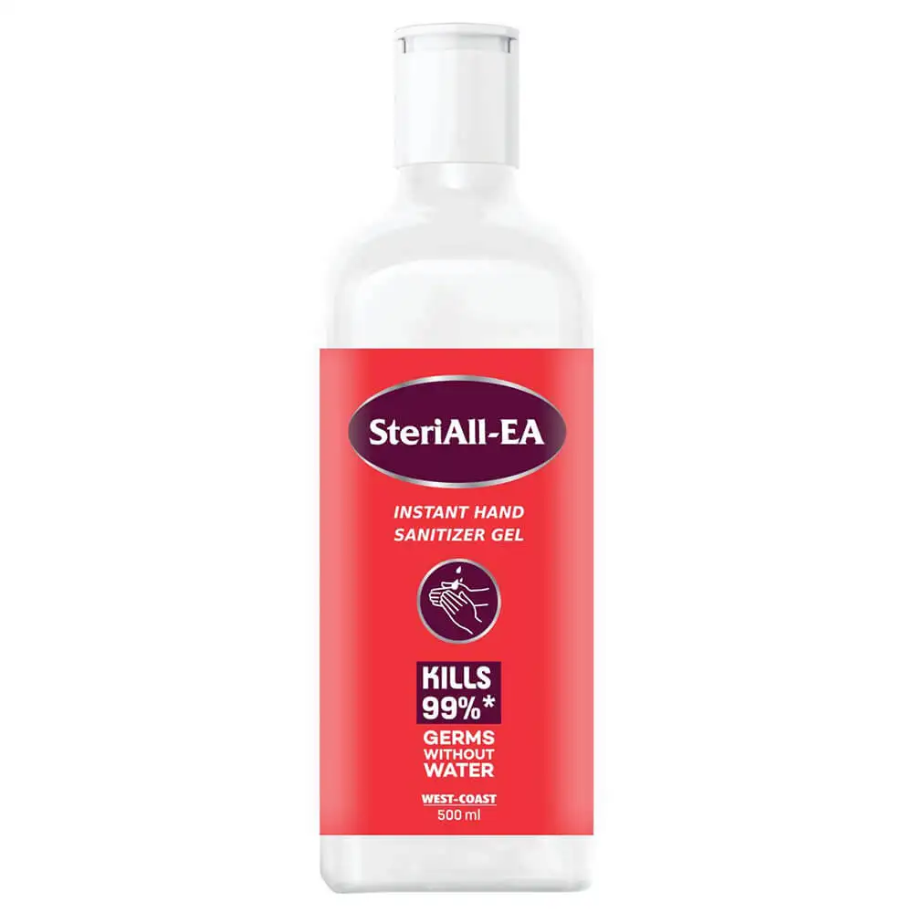 West Coast SteriAll-EA Instant Hand Sanitizer Gel,  Fragrance Free  500 ml  Kills 99% Germs without Water