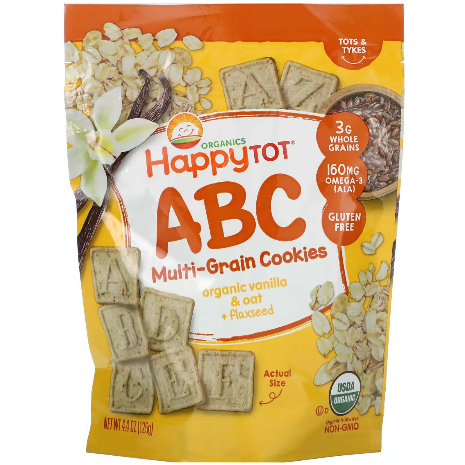 Happy Tot, ABC Multi-Grain Cookies, Organic Vanilla & Oat + Flaxseed, 4.4 oz (125 g)