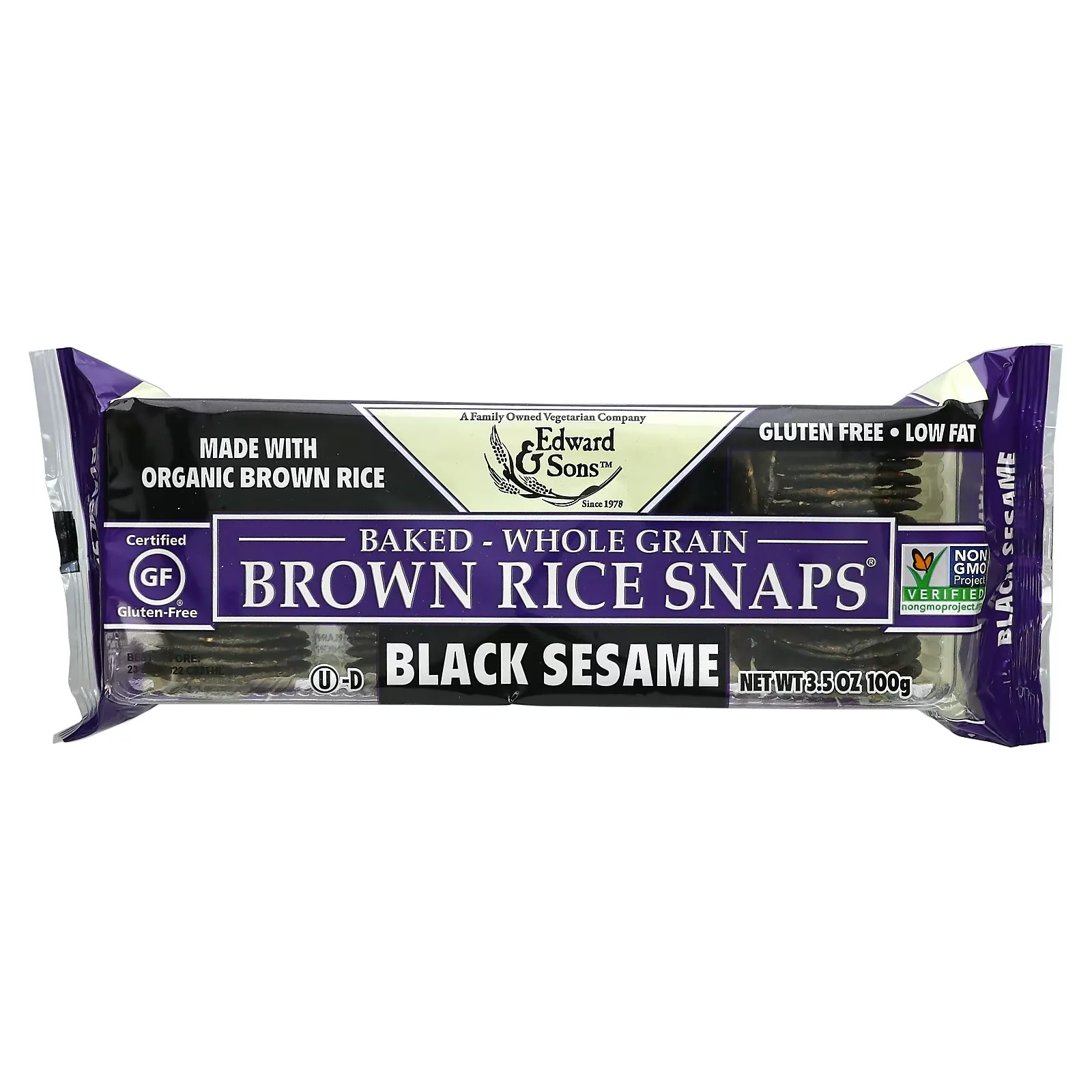 Baked Whole Grain Brown Rice Snaps, Black Sesame, 3.5 oz (100 g)