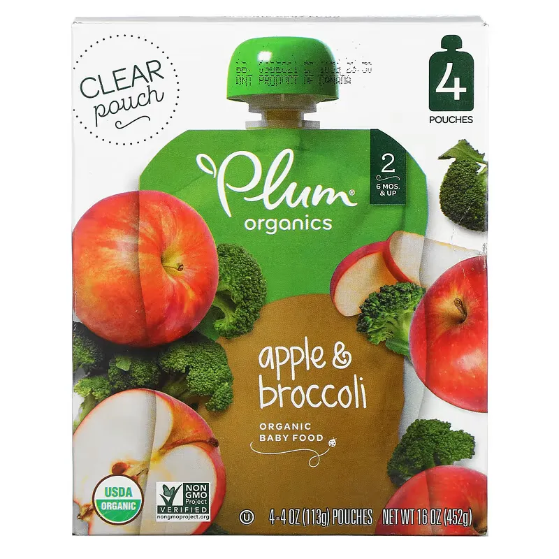 Organic Baby Food, 6 Mons & Up, Apple & Broccoli, 4 Pouches, 4 oz (113 g) Each