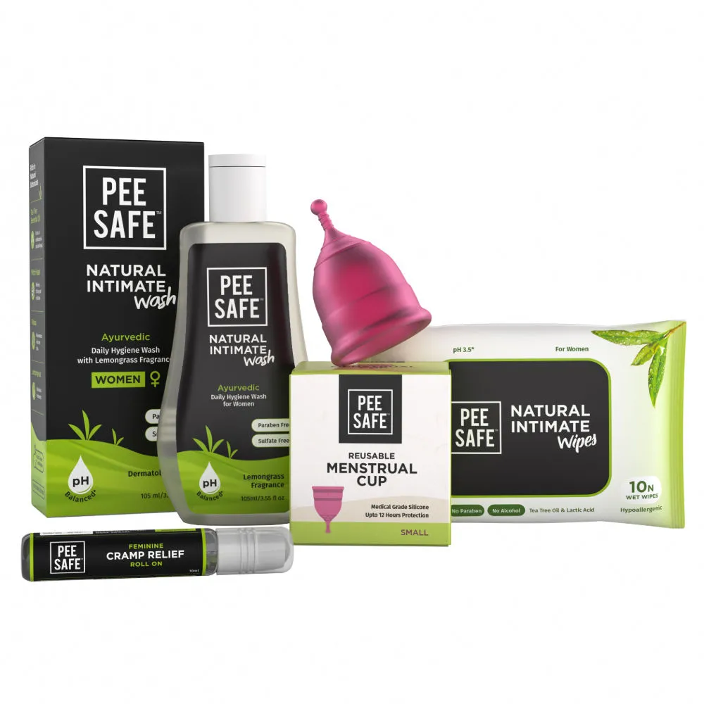 Pee Safe Intimate Wash with Reusable Menstrual Cup & Feminine Cramp Relief Roll On & Intimate Wipes