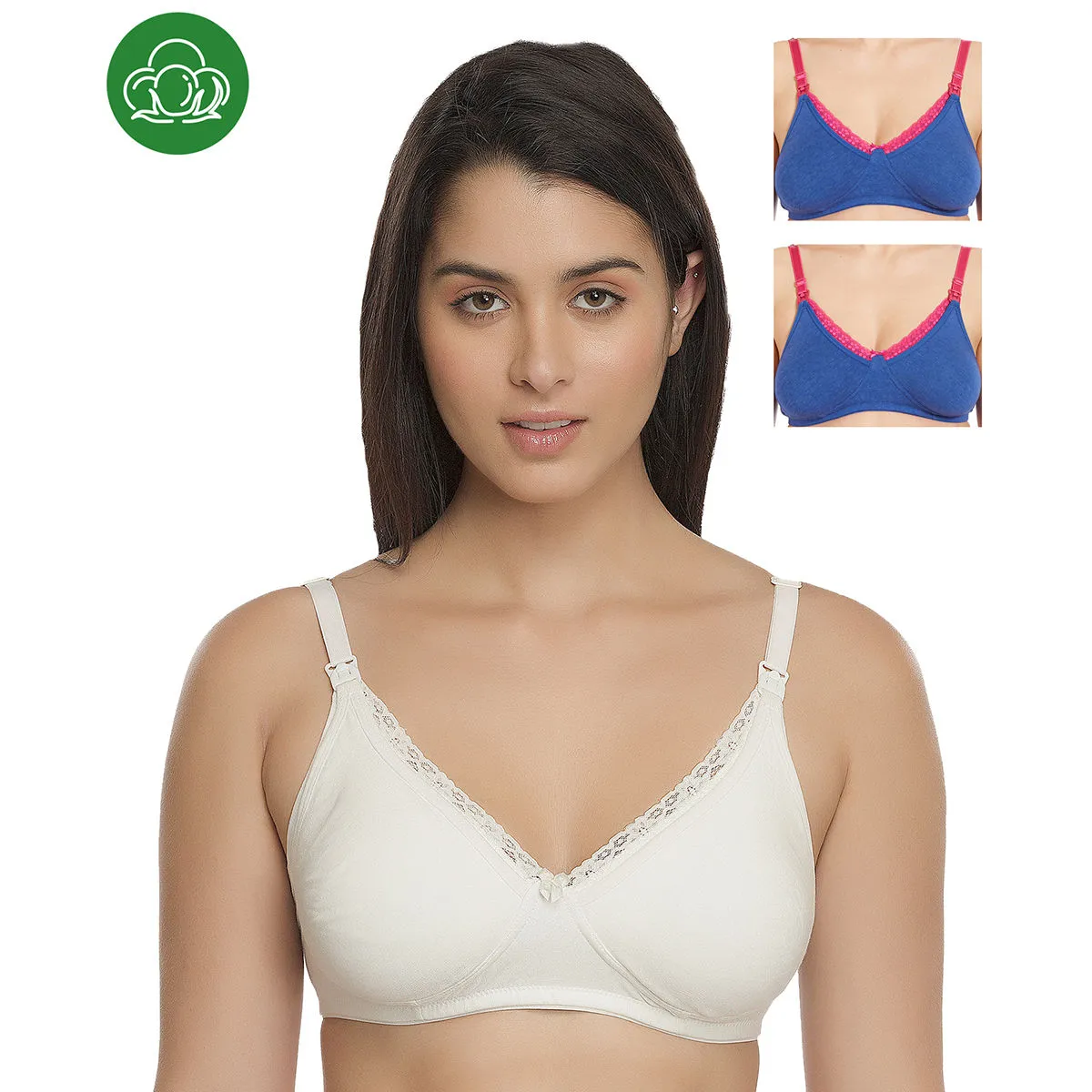 Inner Sense Organic Cotton Antimicrobial Laced Nursing Bra Pack of 3 - Multi-Color