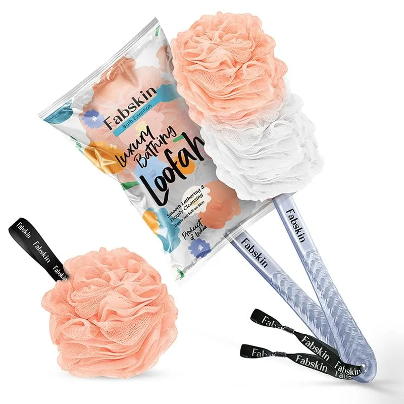 Fabskin Loofah Duo Pack- Bath Brush With Long Handle & Round Loofah- For Men & Women- Peach & White