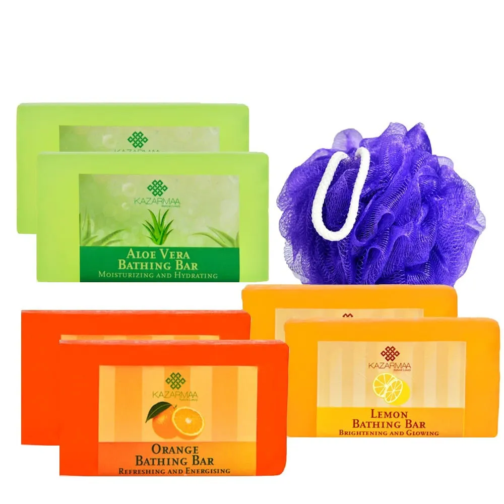 Kazarmaa With Big Loofah - Refreshing Bathing Bars And Bath Puff - Pack Of 6