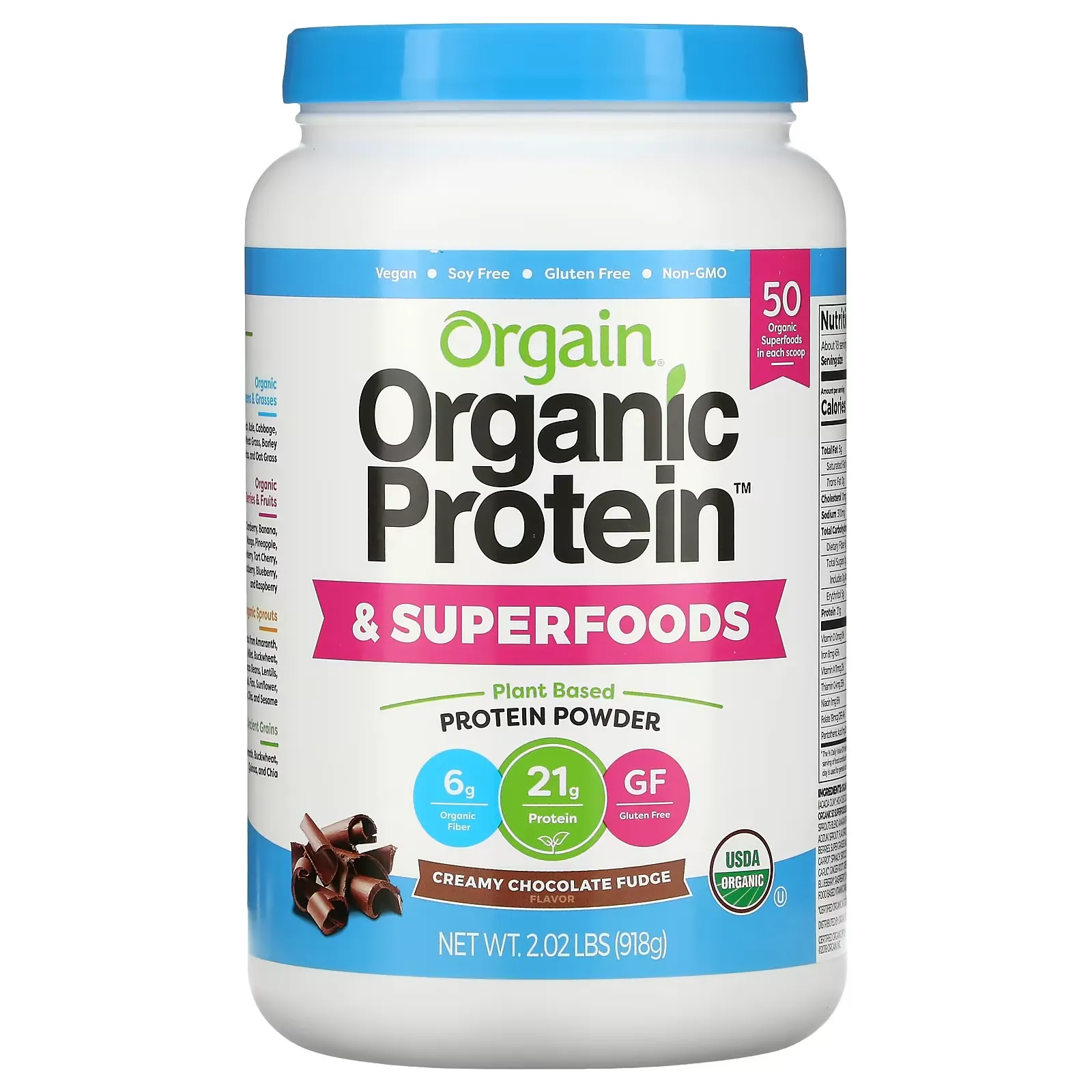 Organic Protein & Superfoods Powder, Plant Based, Creamy Chocolate Fudge, 2.02 lbs (918 g)