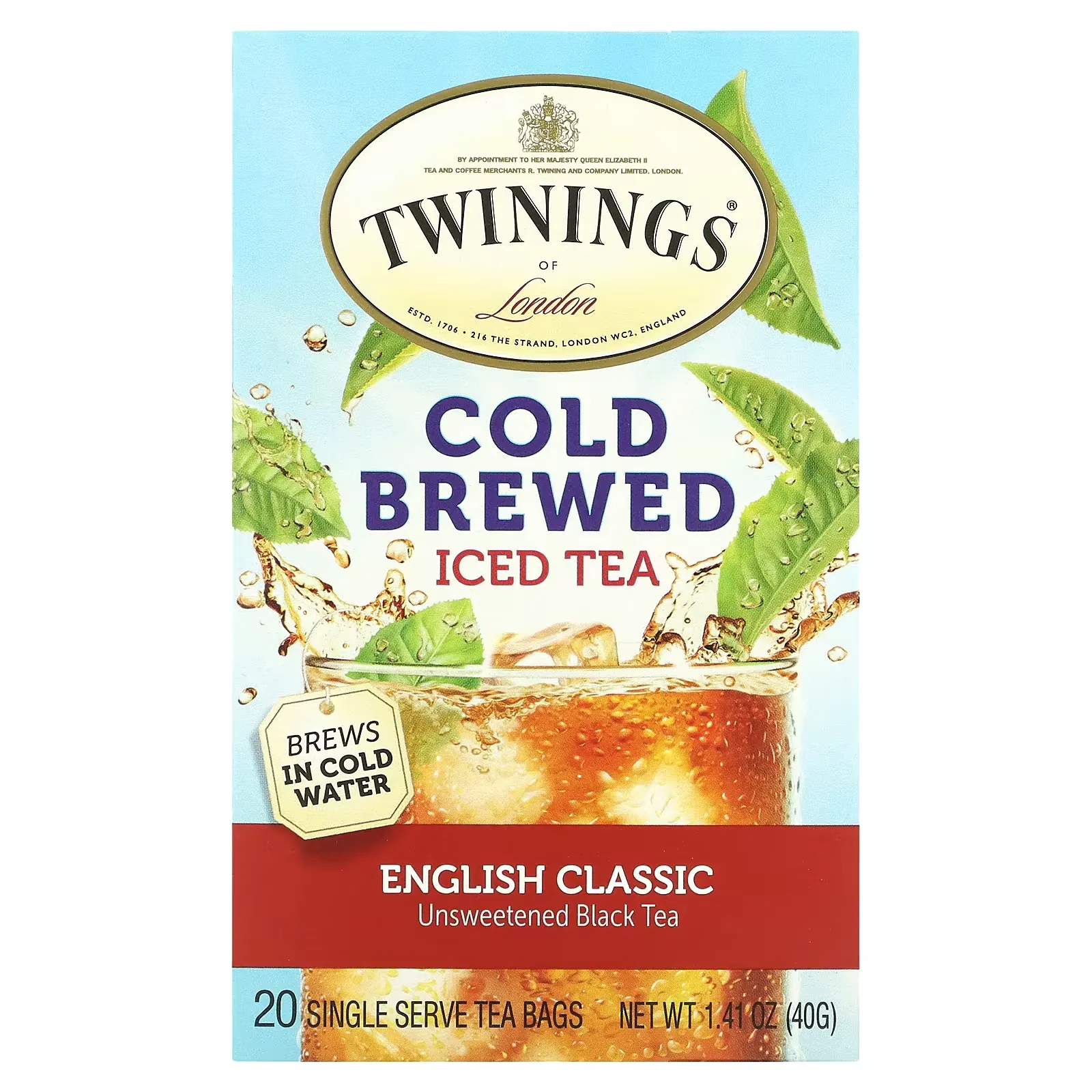 Cold Brewed Iced Tea, English Classic, 20 Single Serve Tea Bags, 1.41 oz (40 g)