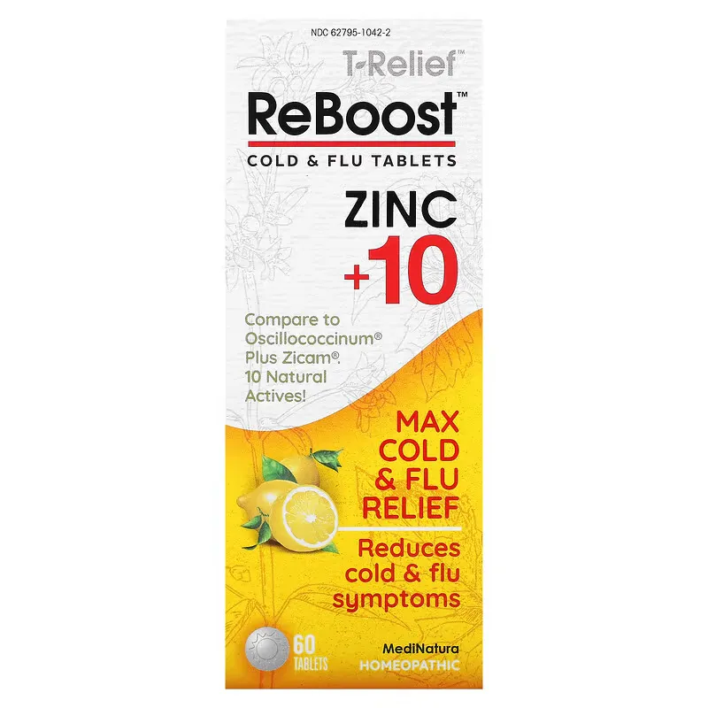 T-Relief, ReBoost, Zinc +10, Cold & Flu Tablets, 60 Tablets