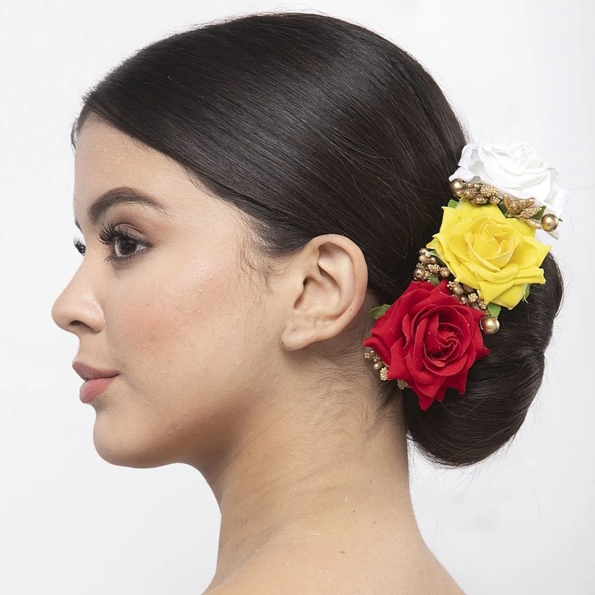 Moedbuille Red Yellow And White Floral Design Beaded And Lace Handcrafted Bun Pin