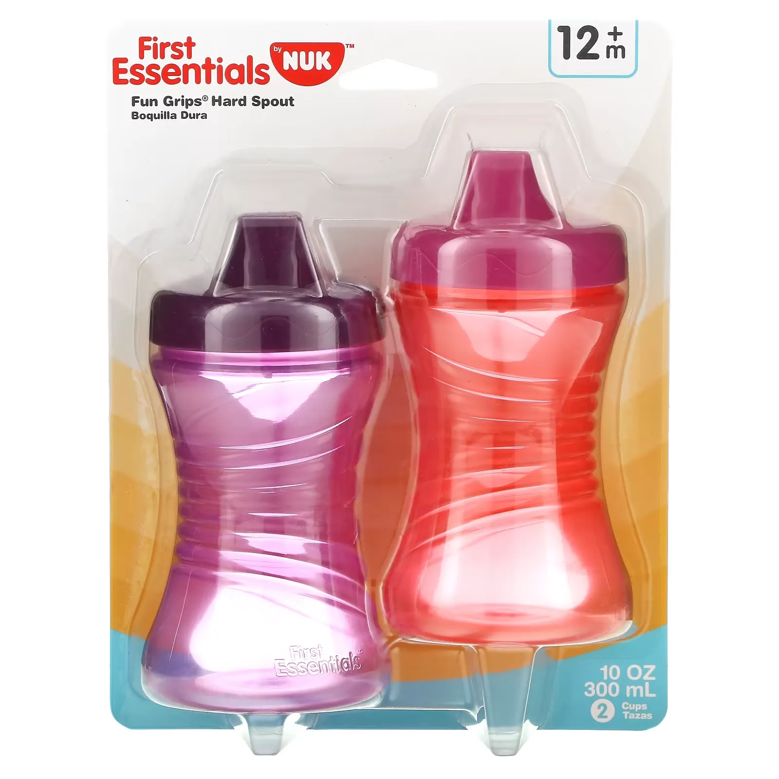 First Essentials, Fun Grips Hard Spout, 12+ Months, Pink/Purple, 2 Pack, 10 oz (300 ml)