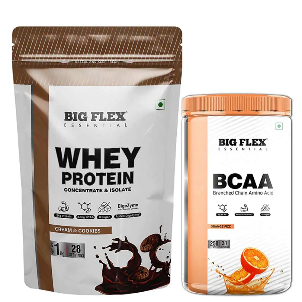 Big Flex Essential Whey Protein Concentrate & Isolate,  2.2 lb  Cream & Cookies with Bigflex Essential Bcaa Orange Fizz 250g