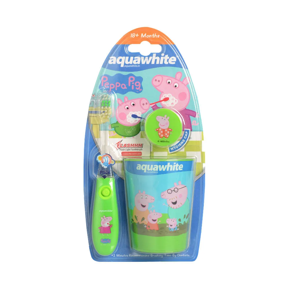 aquawhite Kids Peppa Pig Flash Toothbrush with Rinsing Cup - Set of 3- (18+ months)(Green)