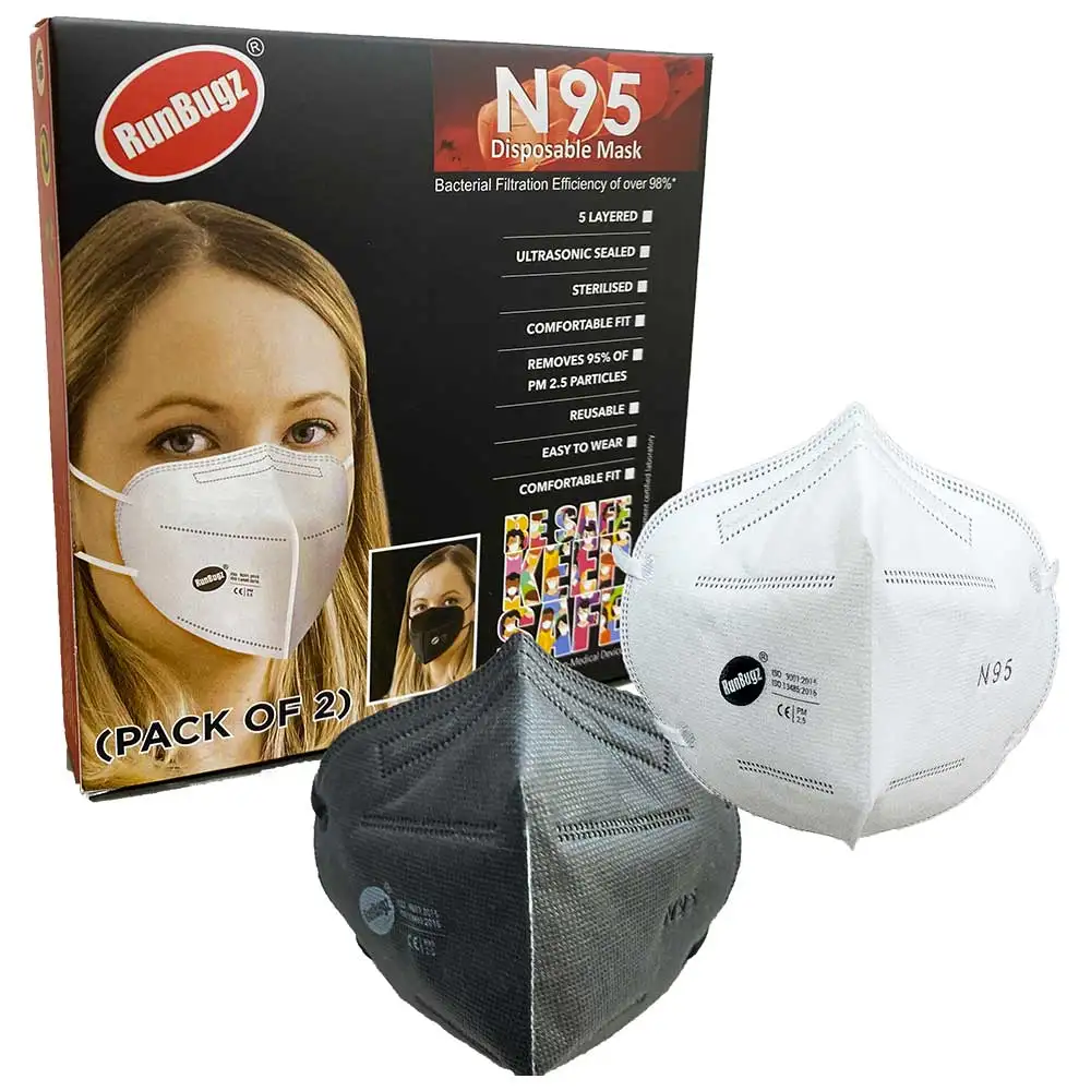 RunBugz N95 Mask,  White & Black (Pack of 2)