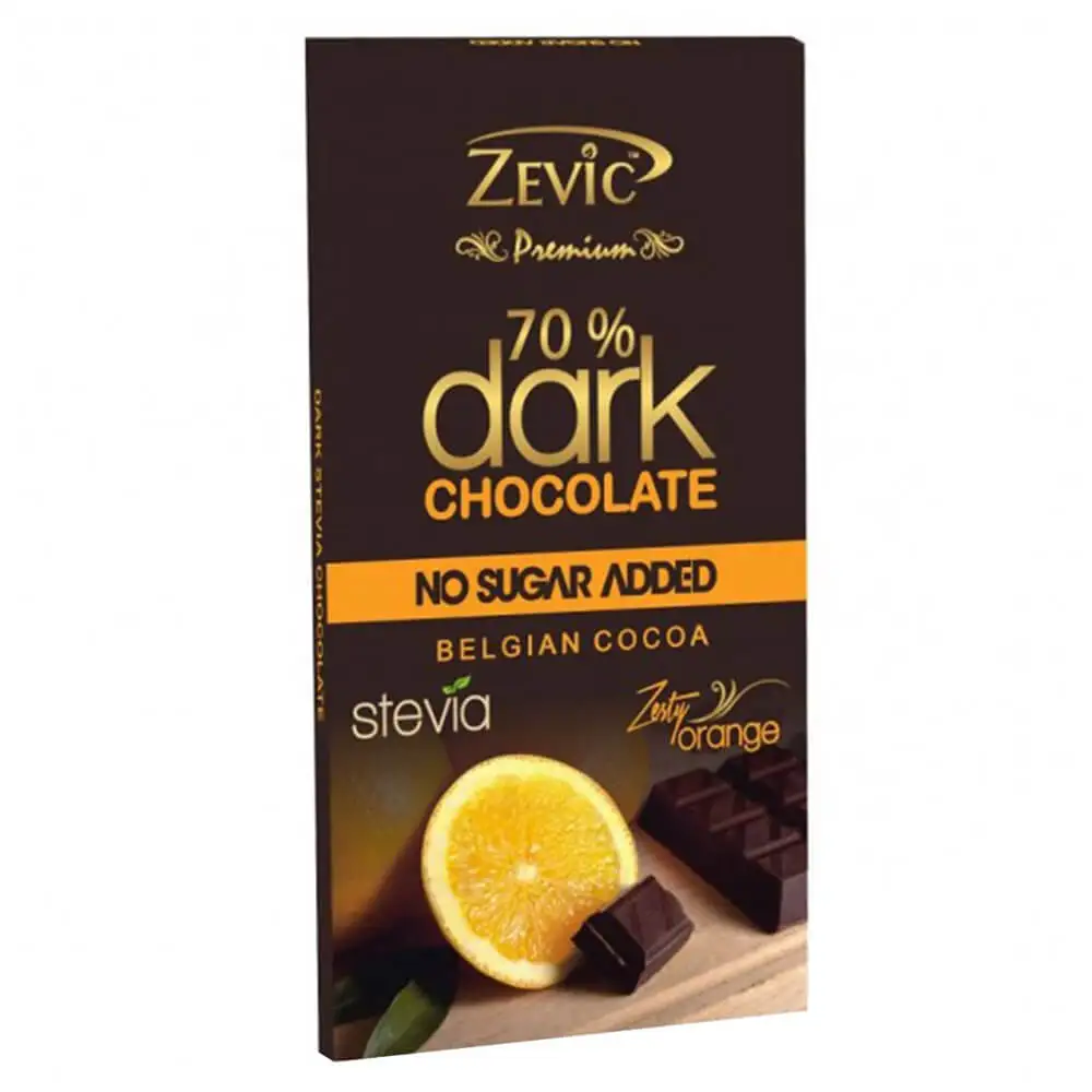 Zevic 70% Dark Chocolate Stevia 90 g,  18 Piece(s)/Pack  Zesty Orange