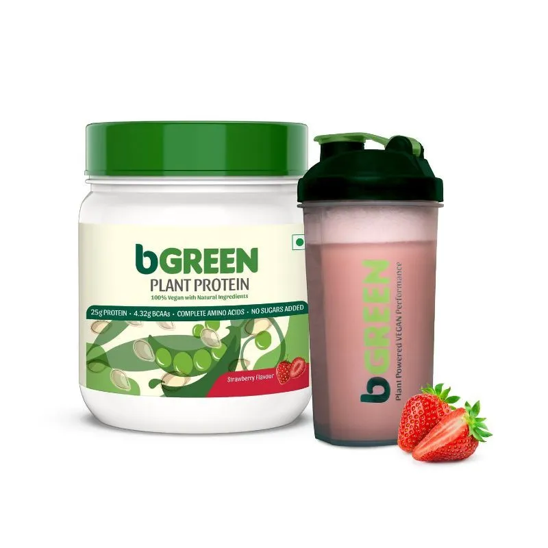 bGREEN by HealthKart Vegan Plant Protein Powder, 25 g Protein (Strawberry) with Shaker