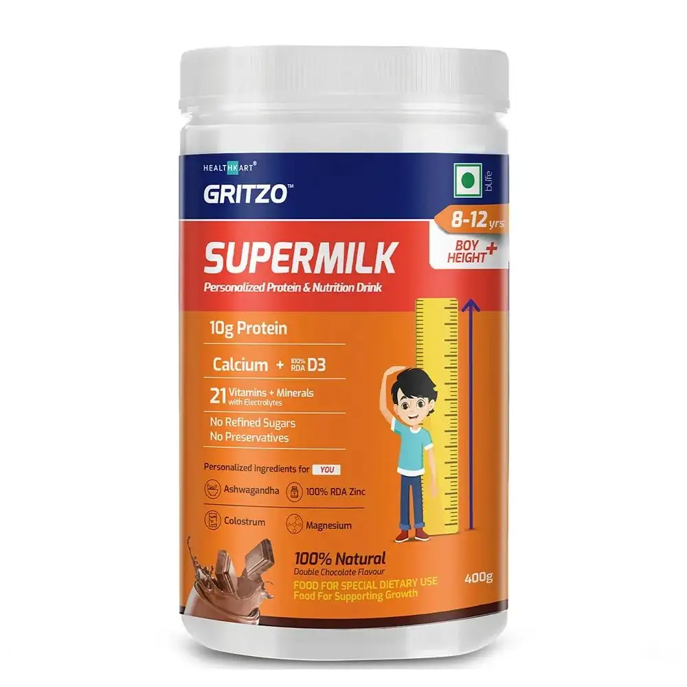 Gritzo Supermilk Personalized Protein & Nutrition Drink 8-12yrs Boys Height + OP,  400 g  Double Chocolate