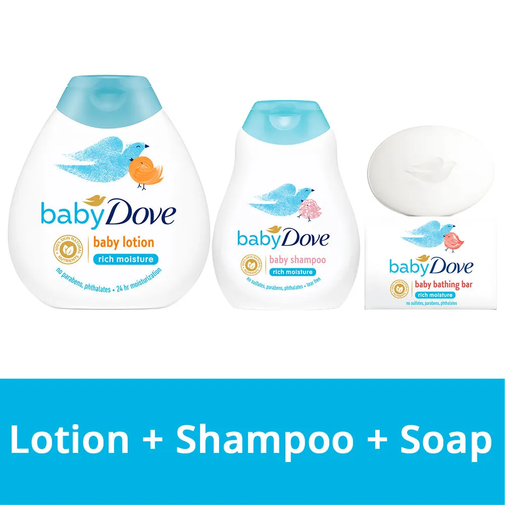 Baby Dove Rich Moisture Lotion + Shampoo (400ml) + Soap Pack of 3 (75gm)