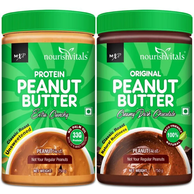 NourishVitals High Protein Peanut Butter (Extra Crunchy) + (Creamy Dark Chocolate)