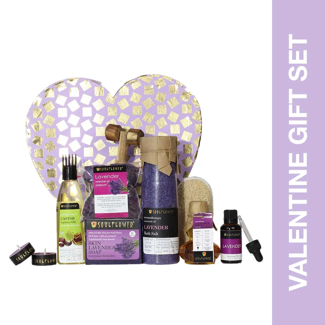 Soulflower Valentines Day Luxury Gift Box For Her -Lavender Heart Bath & Body Set, Organic Natural