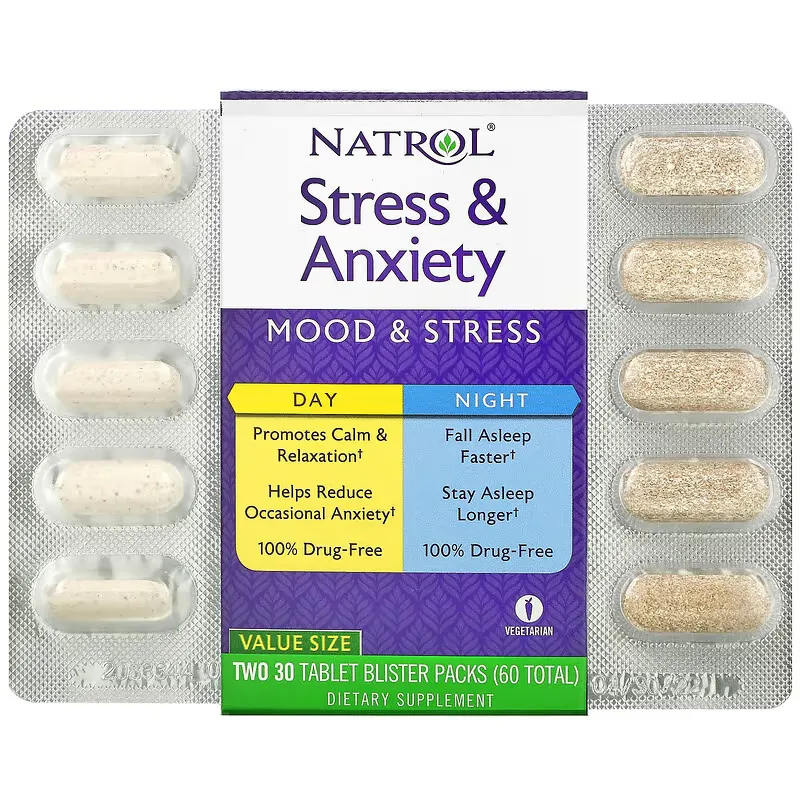 Stress & Anxiety, Day & Night, Two 30 Tablet Blister Packs (60 Total)