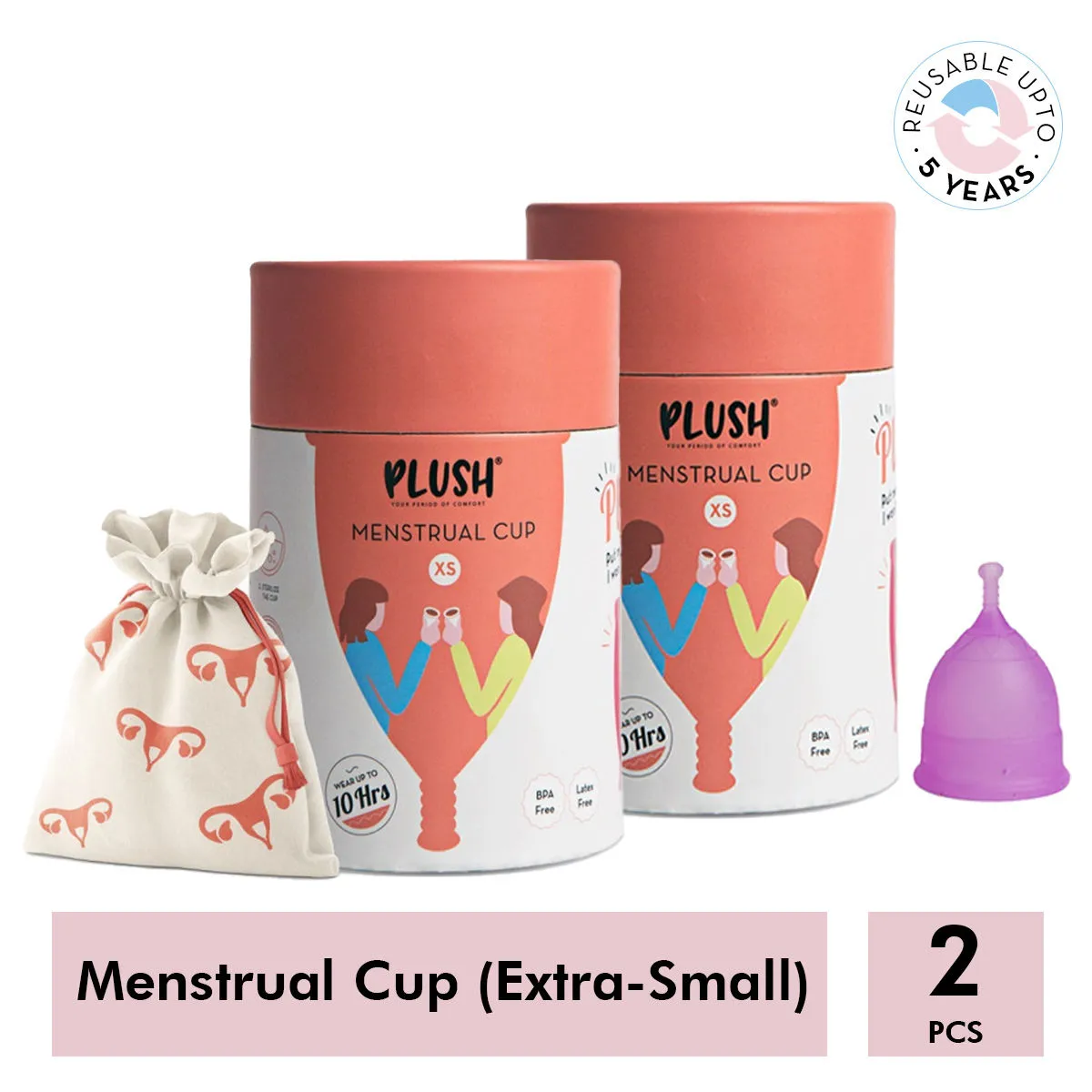 Plush 100% Reusable Menstrual Cup Extra Small with Cotton Carry Pouch - Pack of 2