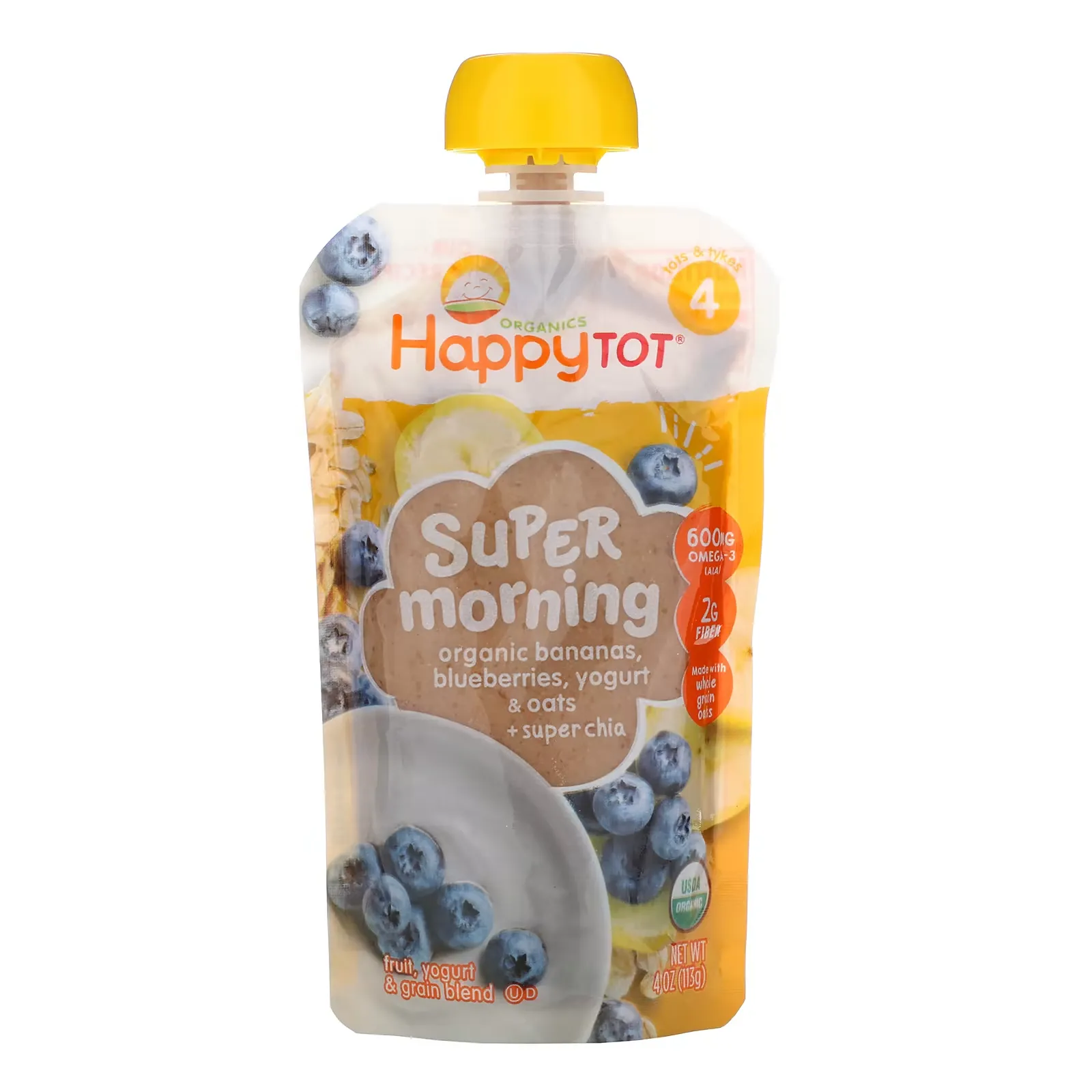 Happy Tot, Super Morning, Stage 4, Organic Bananas, Blueberries, Yogurt & Oats + Super Chia, 4 oz (113 g)