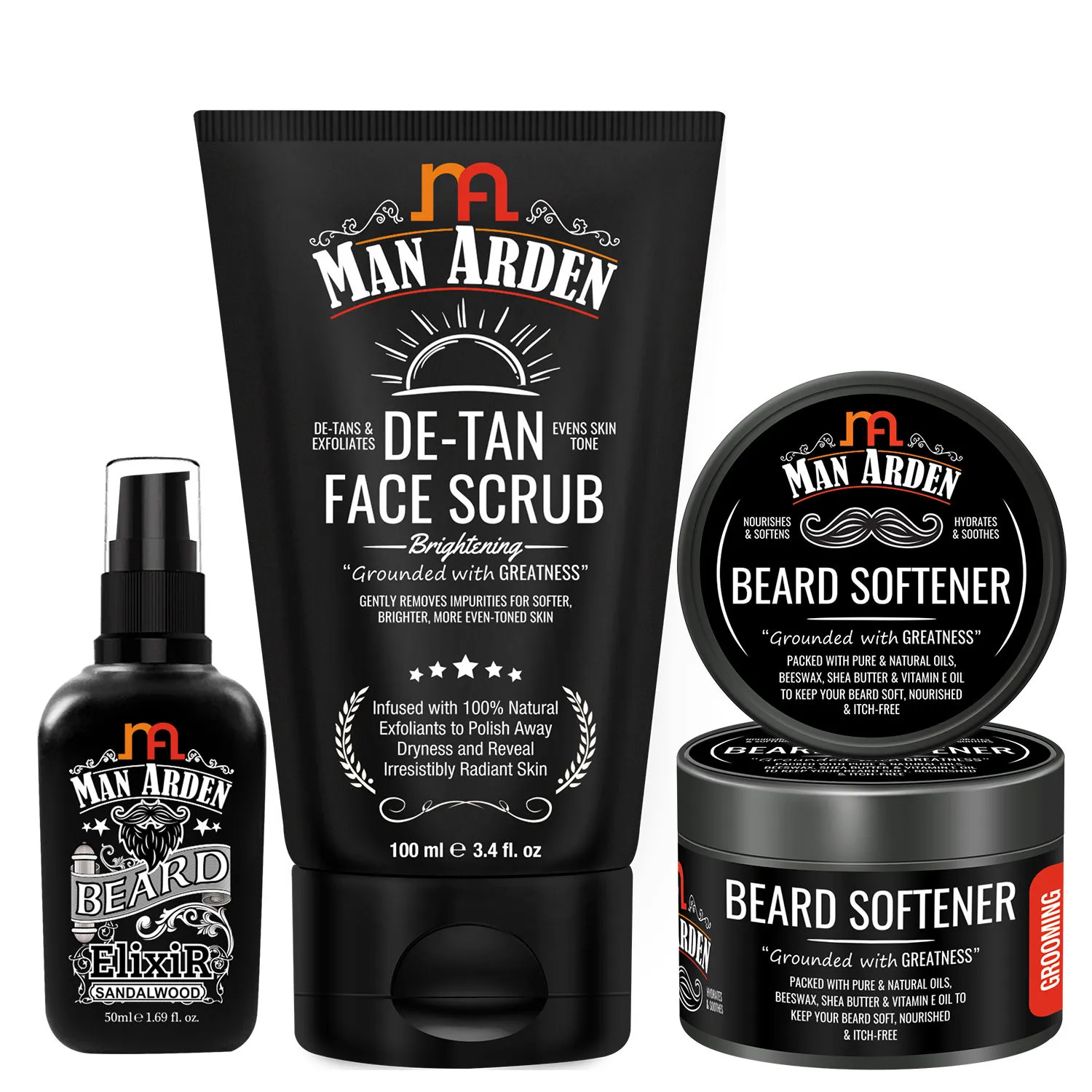 Man Arden Men Grooming Combo - De Tan Face Scrub + Elixir Oil + Beard Softener